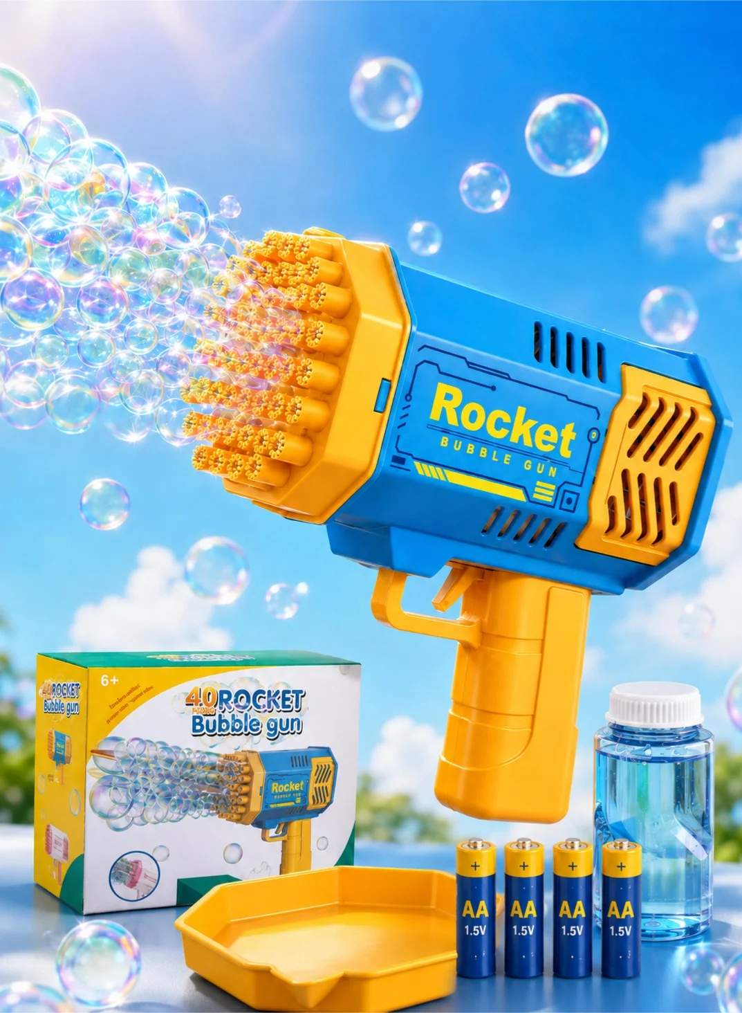 Rocket 40-Hole Bubble Gun Machine Premium Outdoor Toy Set with Solution Tray and Batteries (40 Holes, 1 Set) a9aq7