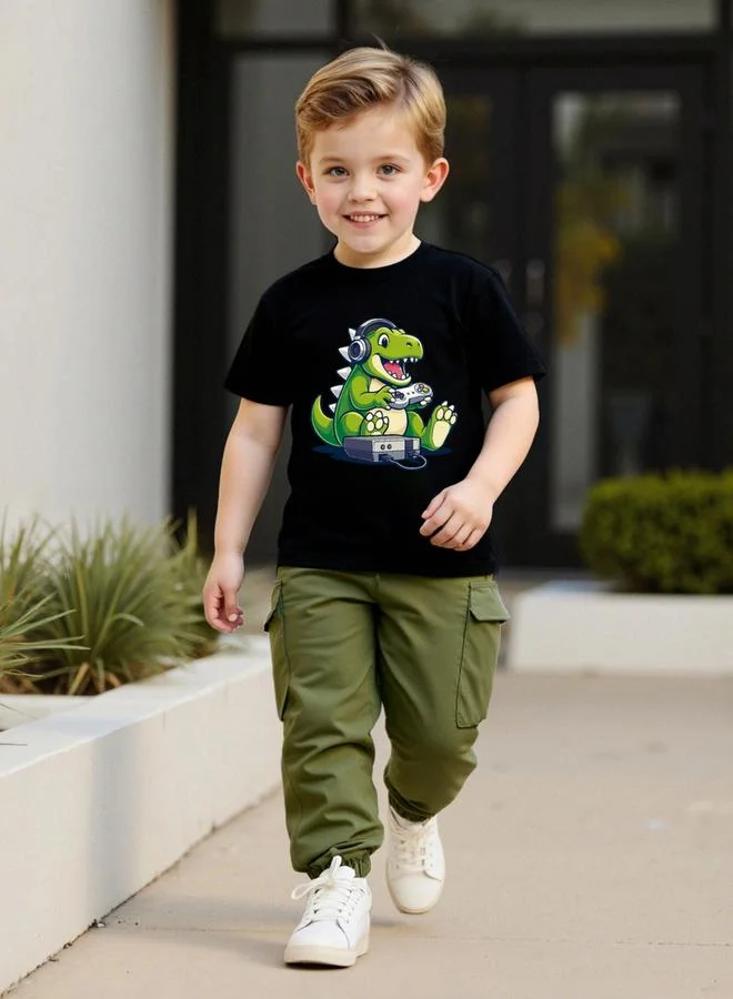 Take Two Boys Dino Gamer Graphic T-Shirt And Cargo Pants Set (Multi-Color, 120 cm) yy46h
