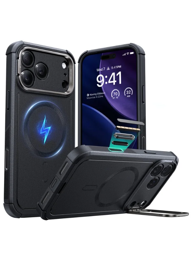 Premium Heavy-Duty Protective Case for Smartphone 17 Pro Max with Integrated Stand and Magnetic Charging Support (Black) 6s6e6