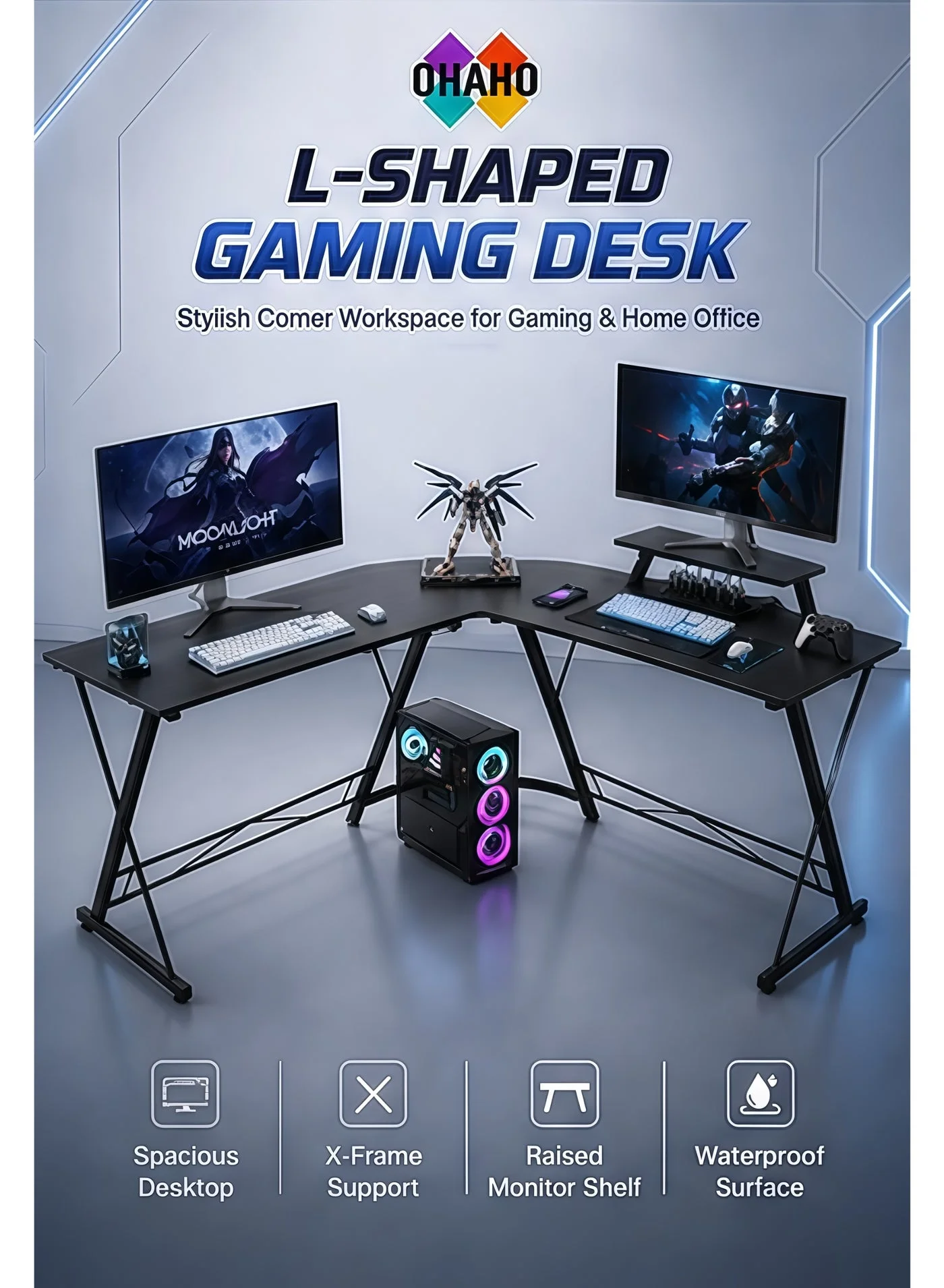 OHAHO L-Shaped Gaming Desk Premium Corner Computer Workstation for Home Office (Black, 130cm) 85lqp
