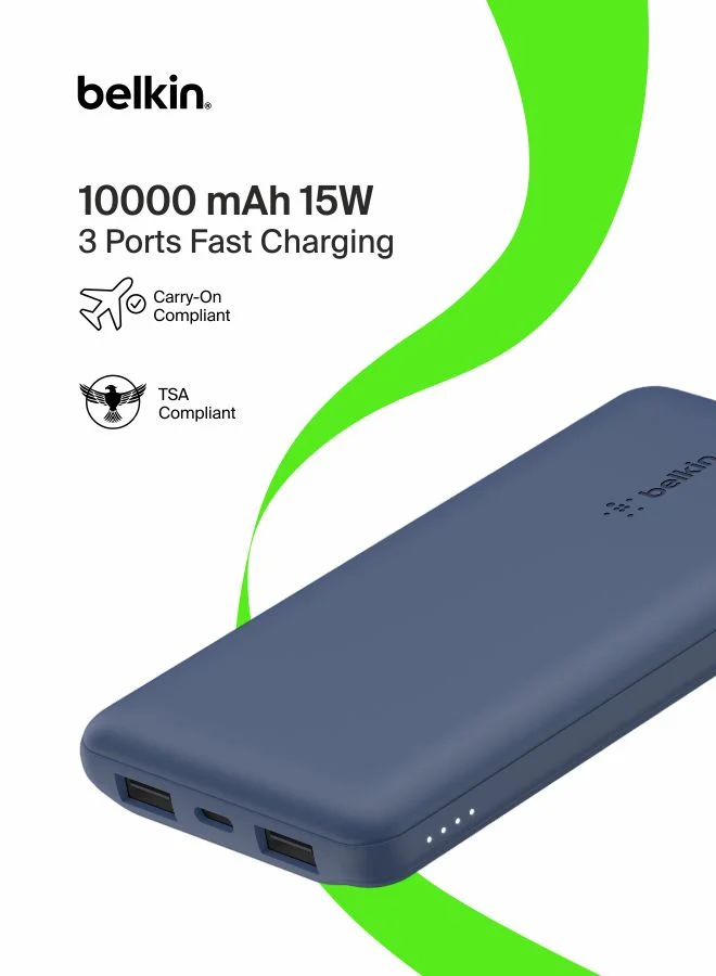 Premium Portable Power Bank 10000mAh 15W Fast Charging External Battery Pack with USB-C and Dual USB-A Ports (Blue, 10000mAh) 59j01