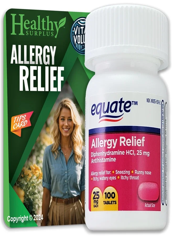 Equate Allergy Relief Diphenhydramine HCL Tablets for Seasonal Allergy Support (25 mg, 100 Tablets) hpvgk