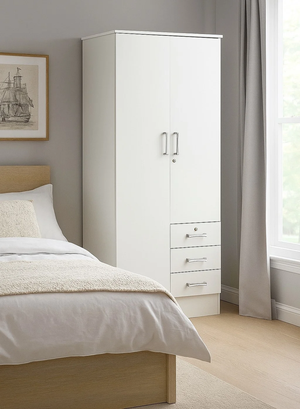 AFT Elegant 2-Door Wardrobe with Hanging Rod and 3 Drawers (White, 180cm x 80cm x 50cm) lcwfv