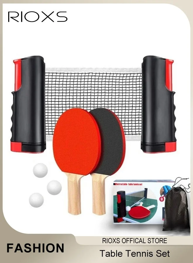 RIOXS Table Tennis Set Professional Racket Sports Kit with Retractable Net and 3 Balls (Black, 7-Piece Set) 6v25i