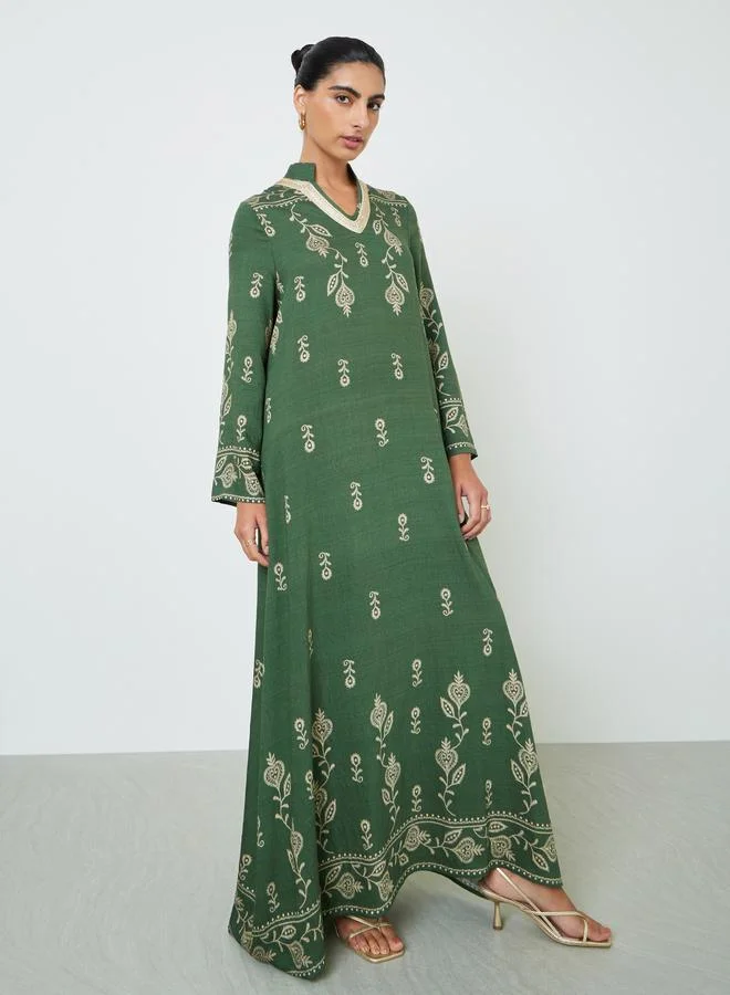 Amirah Embroidered Stand Collar Jalabiya Premium Traditional Dress for Women (Green, One Size) 3hw1k