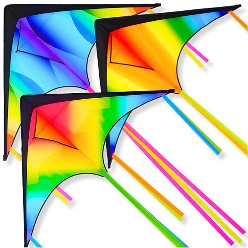 Premium Large Delta Kite Set Gradient Rainbow Design (3 Pack, 100m String) Easy-to-Fly Outdoor Beach Activity Toy for Kids and Adults g0v63