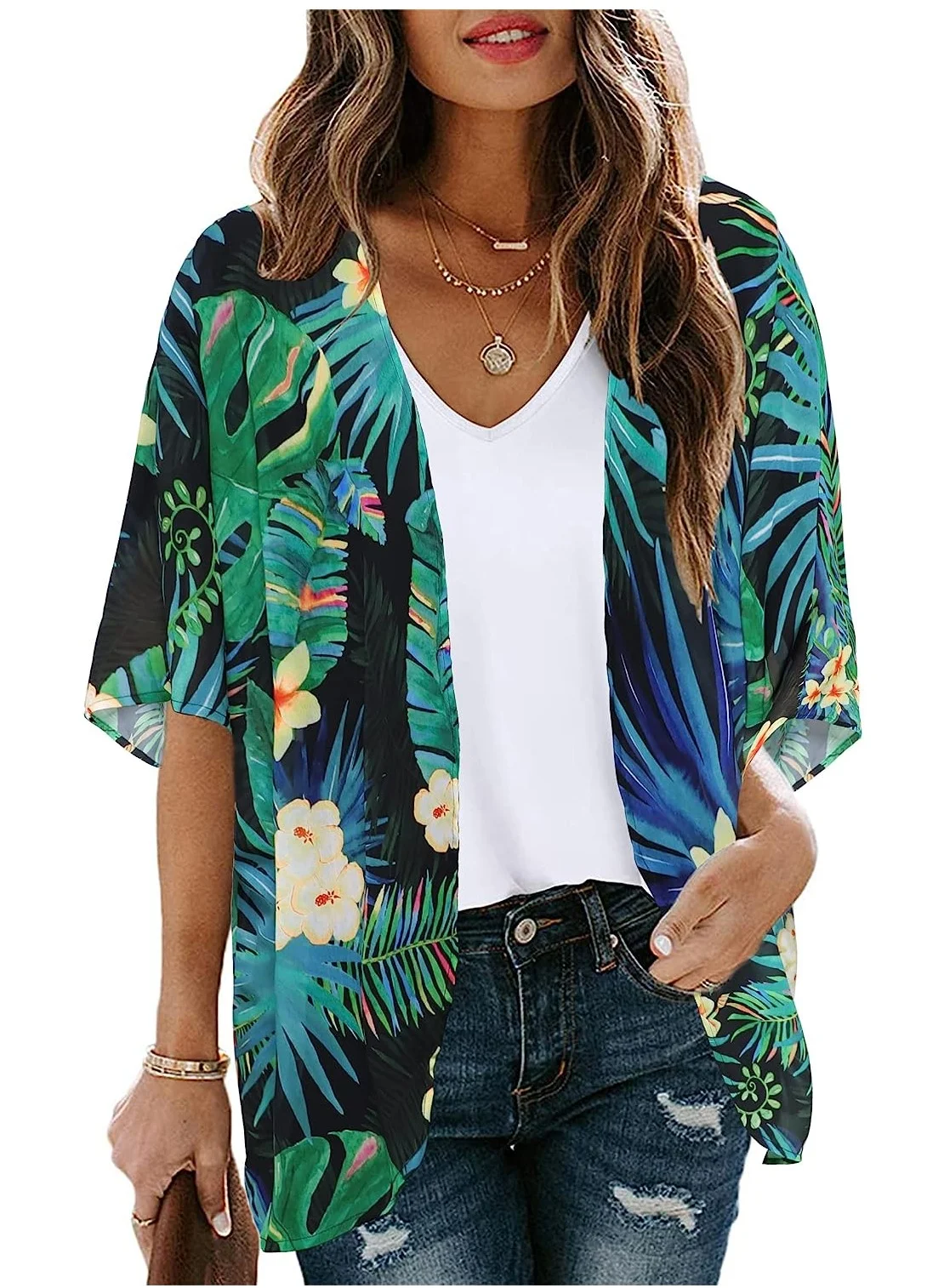 SYOSI Women's Floral Print Kimono Cardigan Puff Sleeve Loose Cover Up (One Size) s43jq