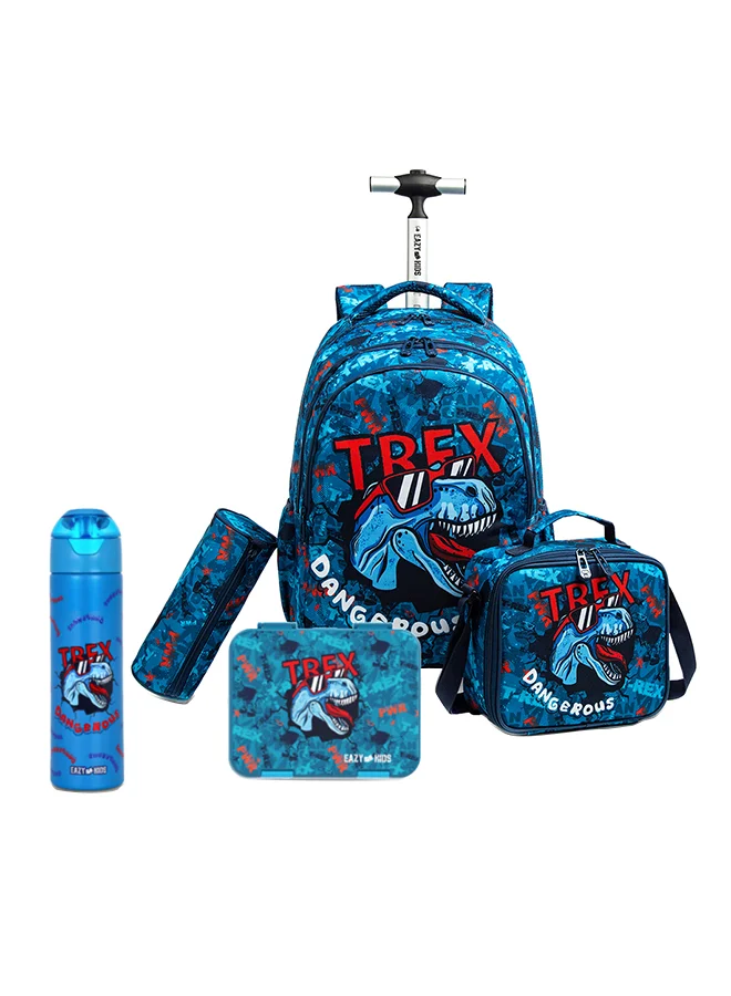 Eazy Kids 18-Inch Trolley School Bag Set (5-Piece, Dinosaur Print, Blue) - Includes Lunch Box, 640mL Water Bottle, Lunch Bag, and Pencil Case s6rfi