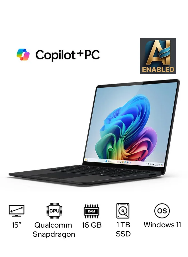 Premium 15-Inch Copilot+ AI Laptop, Qualcomm Snapdragon X Elite, 16GB RAM, 1TB SSD, Windows 11 English/Arabic (Black) gpxxh