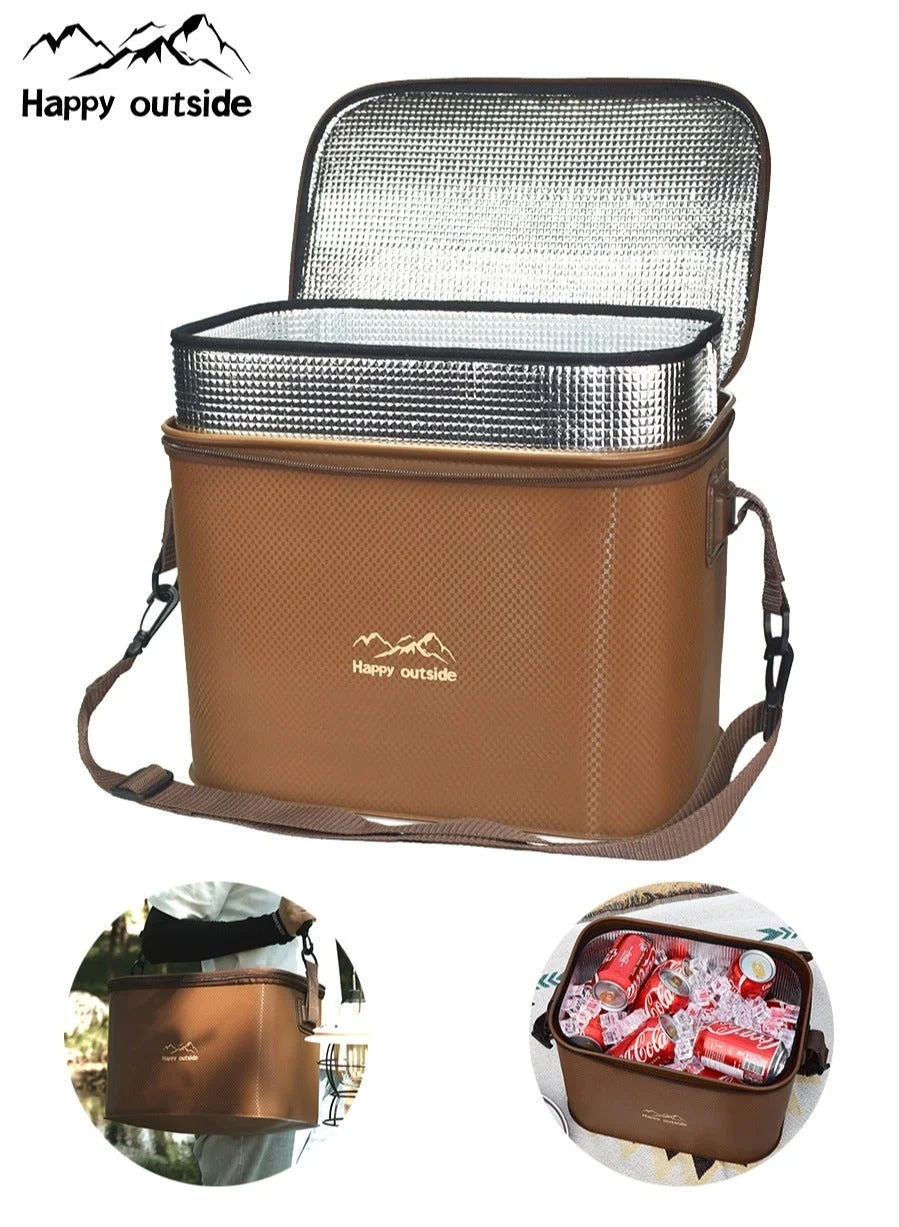 Happy Outside Thermal Insulated Cooler Bag (Large 20L Capacity, Water-Resistant EVA Material, Foldable Design, Coffee Brown, 34x24.5x23cm) v1155