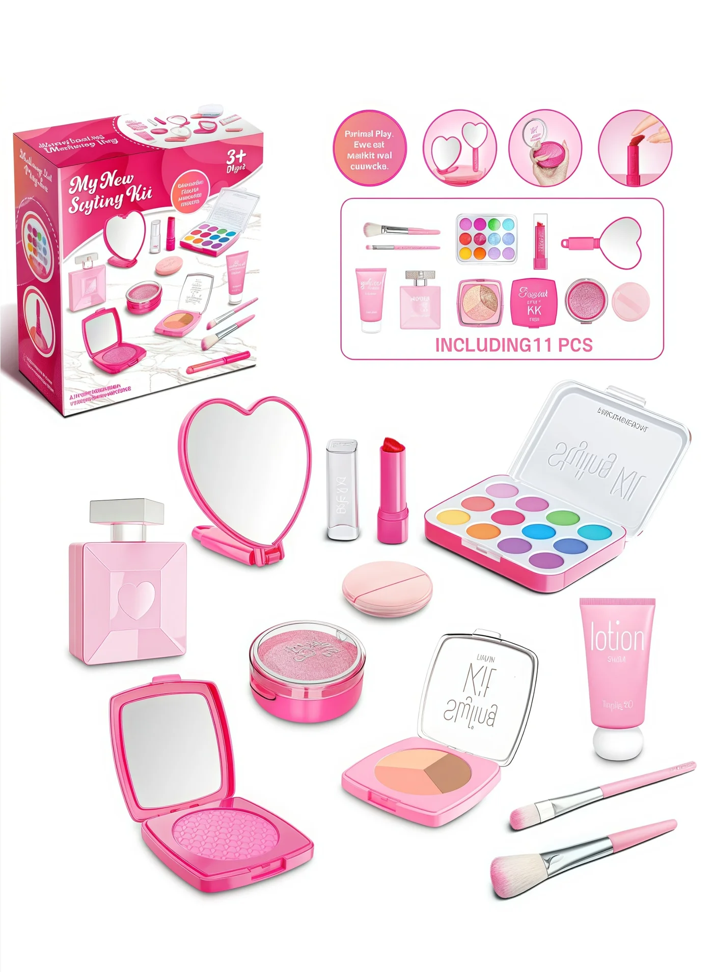 Lullaxx Pretend Makeup Kit for Kids Laptop Design Interactive Play Set (Pink, 11pcs) q46je