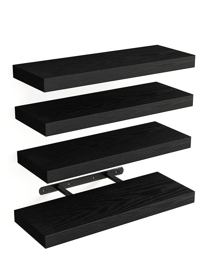 CozyNest Rustic Floating Wall Shelves with Metal Brackets (Black, Set of 4) Wall-Mounted Storage for Bathroom and Living Room 5s5qd