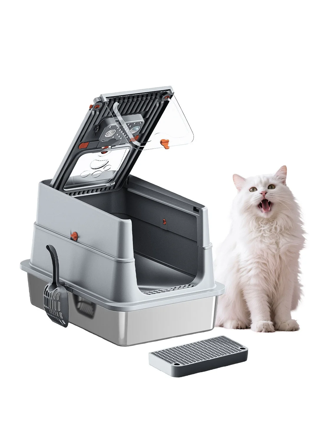 Kidle Stainless Steel Cat Litter Box with Lid and High Sides (Premium Metal, Odor-Resistant, 50 cm x 35 cm x 20 cm) t72yl