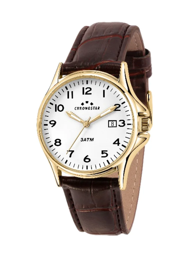 Chronostar Men's Analog Watch Round White Dial with Brown Leather Band (43mm) 889st