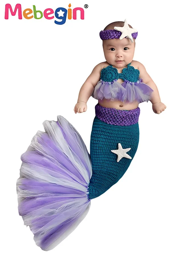 MEBEGIN Infant Mermaid Costume 3-Piece Crochet Knit Outfit Handmade Photography Prop Set (Multicolor, 0-6 Months) q1z76