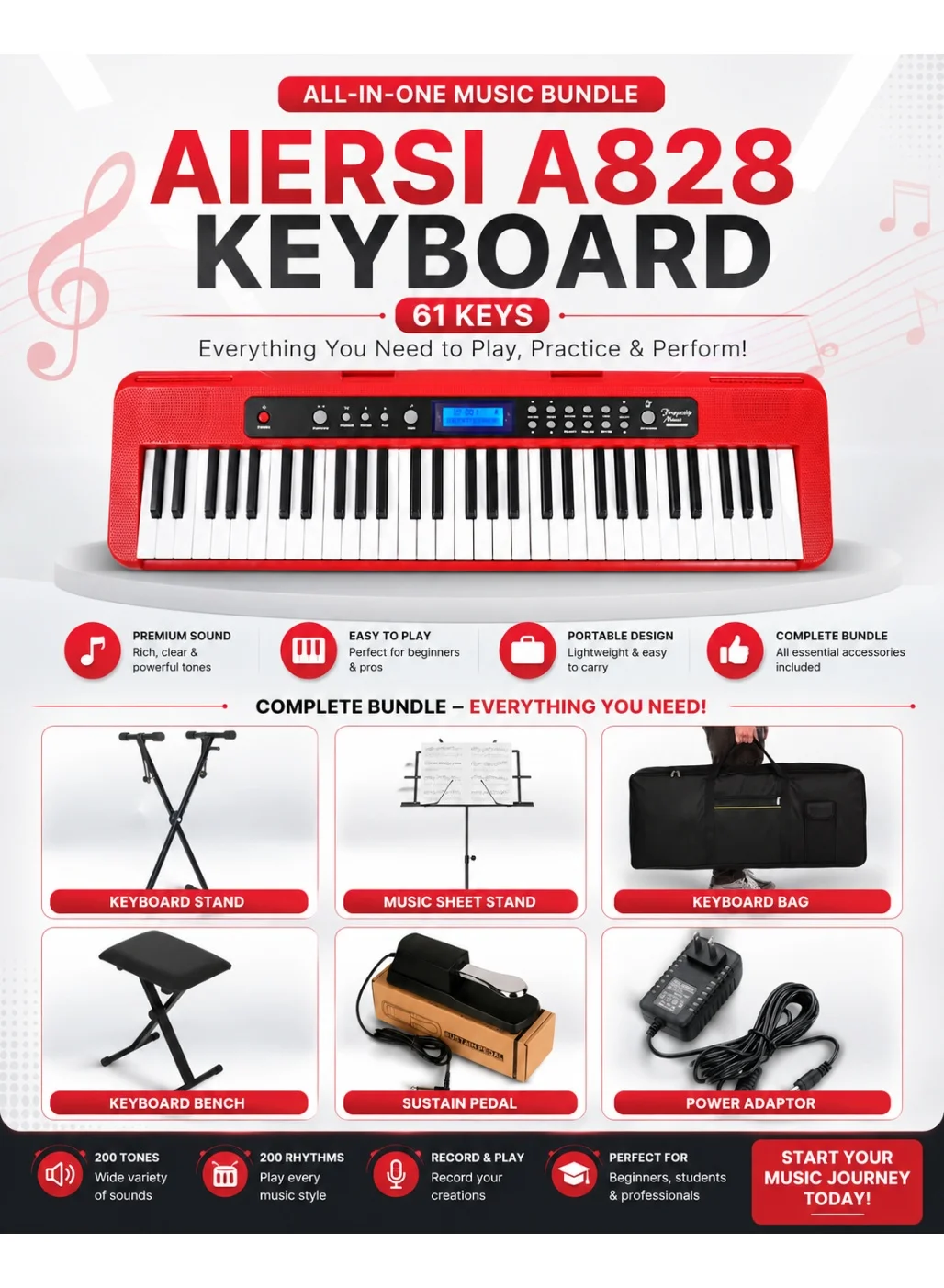 Premium 61-Key Electronic Keyboard Digital Piano Set with Stand Bench and Sustain Pedal (Black, 1 Set) 9xa9g
