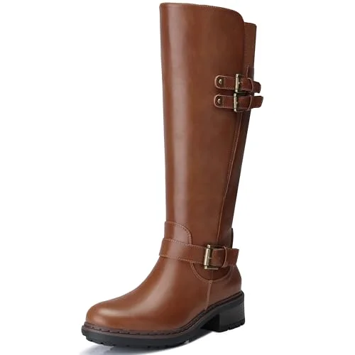 SHIBEVER Knee High Riding Boots for Women Round Toe Side Zipper Low Block Heel Fall Footwear (Light Brown, 40 cm) p70uj