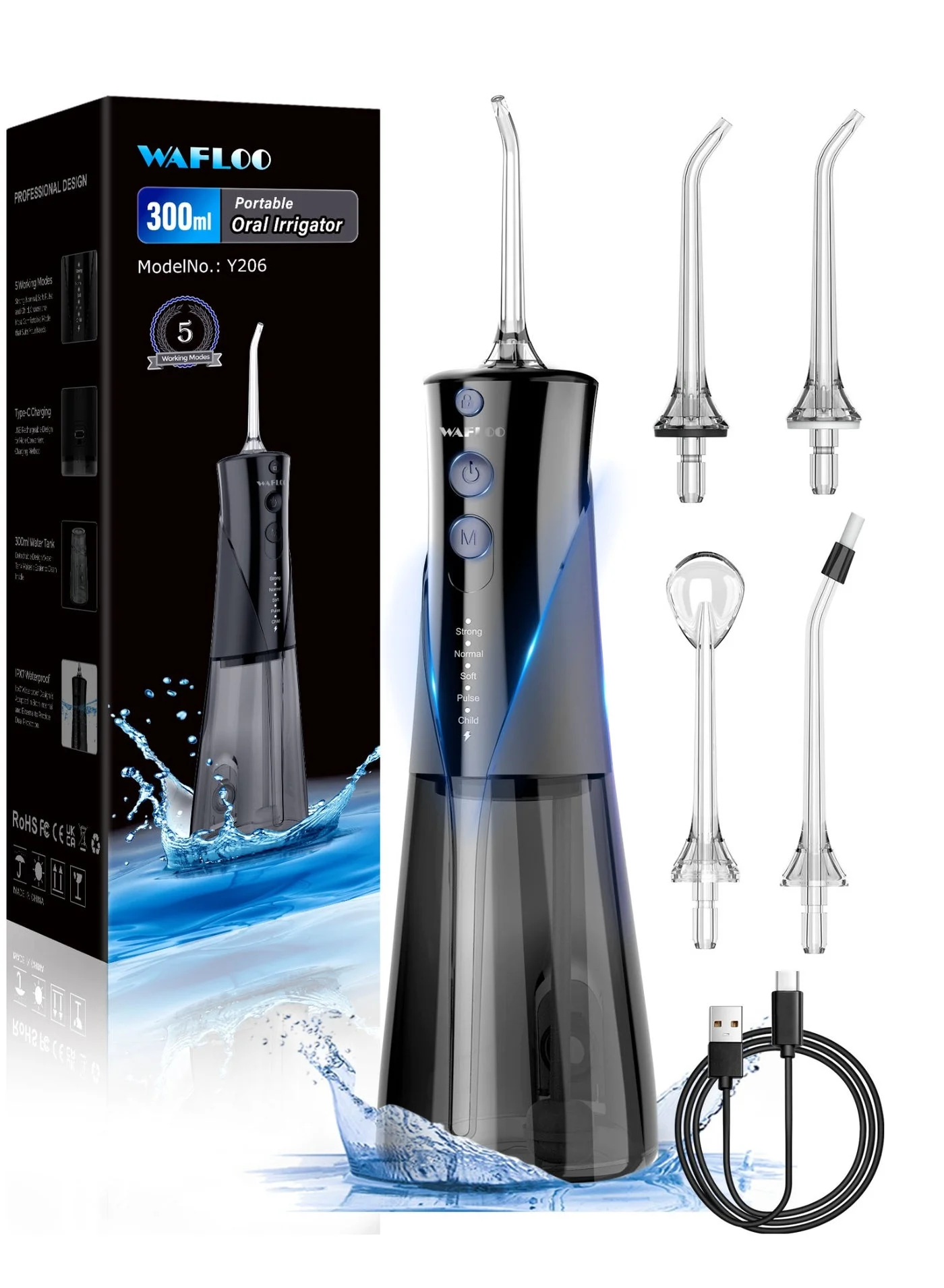 WAFLOO Professional Cordless Water Flosser with 5 Modes and 4 Nozzles (300 mL, White) l8ybq