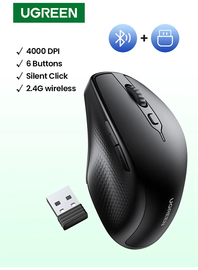 Ugreen Wireless Mouse Ergonomic Dual Mode Bluetooth & 2.4G USB Silent Cordless Mouse for Laptop Tablet PC (Black) cefih