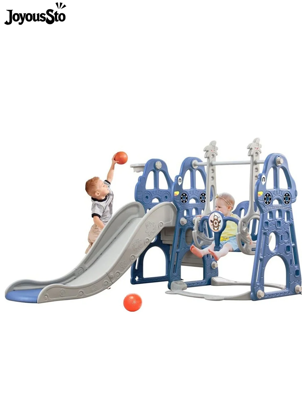 JoyousSto 4-in-1 Toddler Swing and Slide Set Indoor Playground with Basketball Hoop and Climber (Blue) h831b