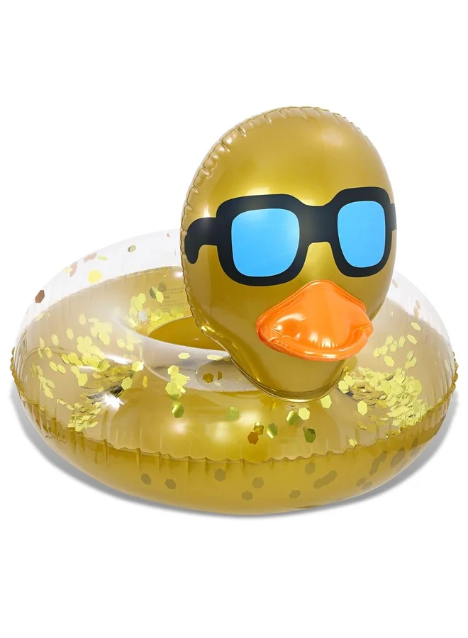 POZA Inflatable Duck Pool Float Ring Premium Heavy-Duty Vinyl Confetti Design for Beach and Summer Pool Parties (Gold, 90 cm) lgfpv