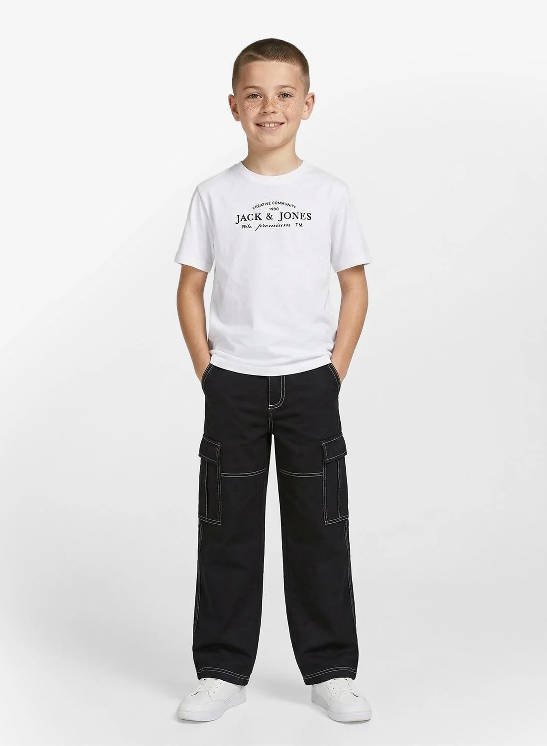 Jack & Jones Junior Contrast Stitch Cargo Pants Durable Cotton Trousers for Kids (Black, 128 cm) 70d1e
