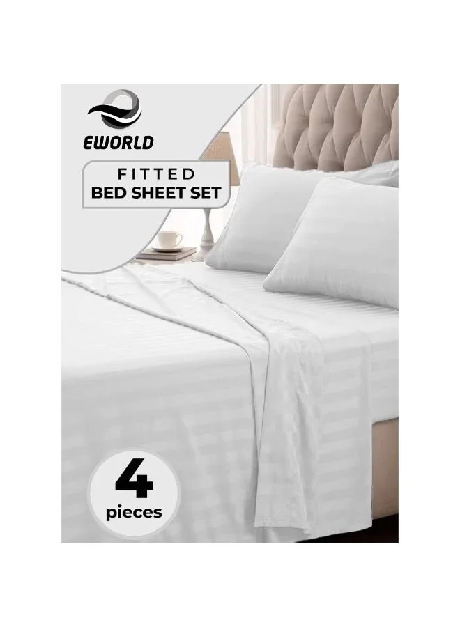 Eworld 4-Piece Luxury King Size Bedding Set Striped Microfiber Duvet Cover Fitted Sheet and Pillowcases (White, King) cfmn9
