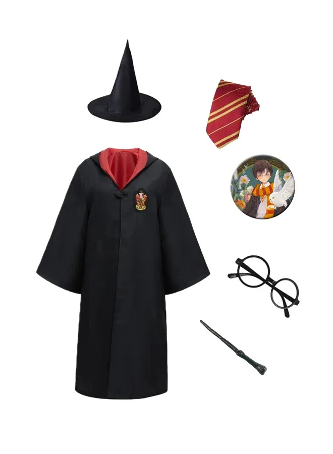 Wizard School Costume Set 6-Piece Roleplay Outfit with Robe Wand Tie Hat Glasses and Badge for Kids (One Size) l4tto