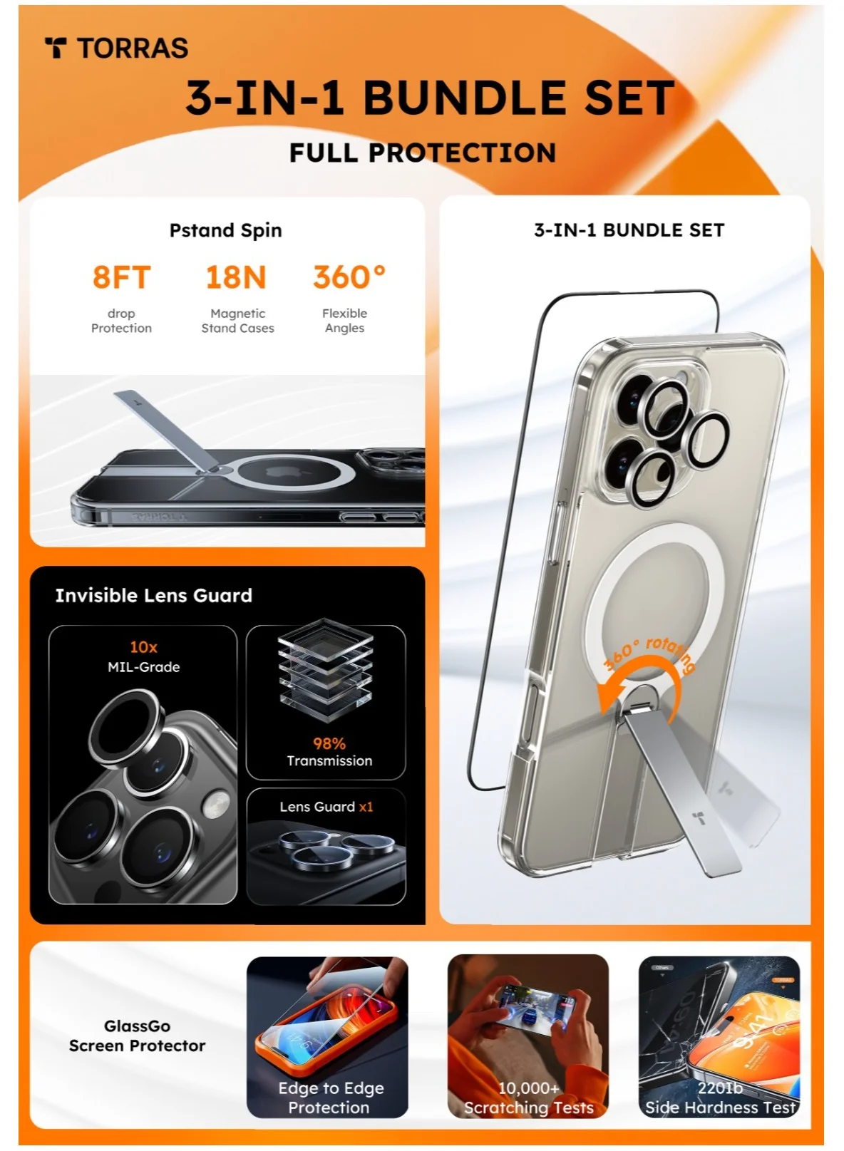 Premium Magnetic Protective Case Bundle for 6.9-inch Smartphone with Kickstand, Screen Protector, and Lens Guard (Clear) 72d58