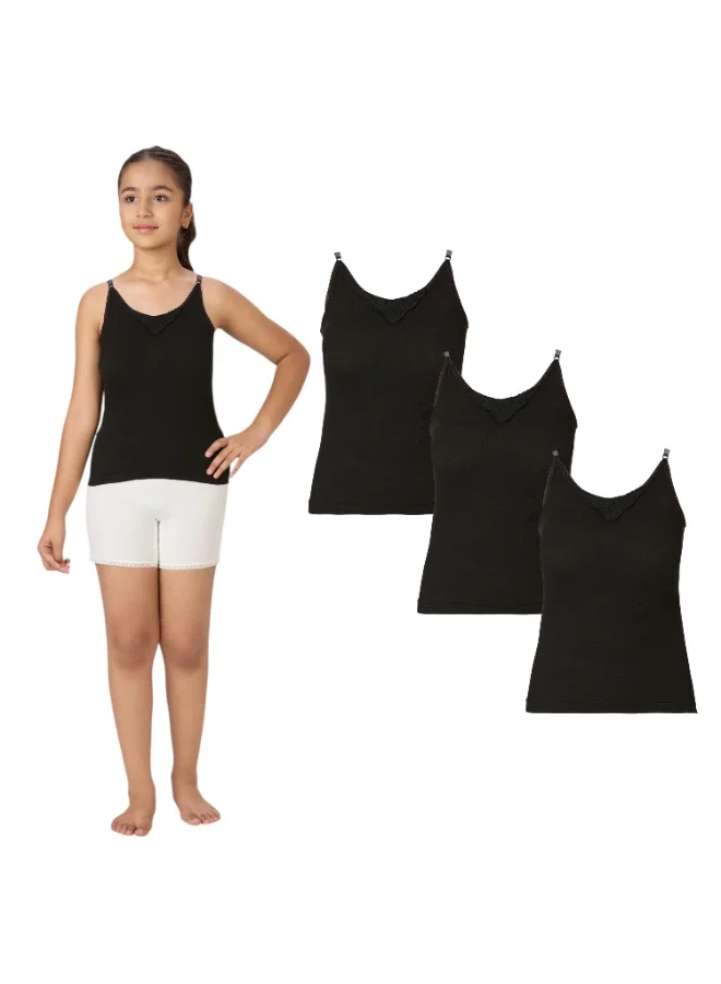 BYC Girls Adjustable Strap Cotton Camisole Premium Soft Breathable Tank Top (Black, Pack of 3) 0q4zi