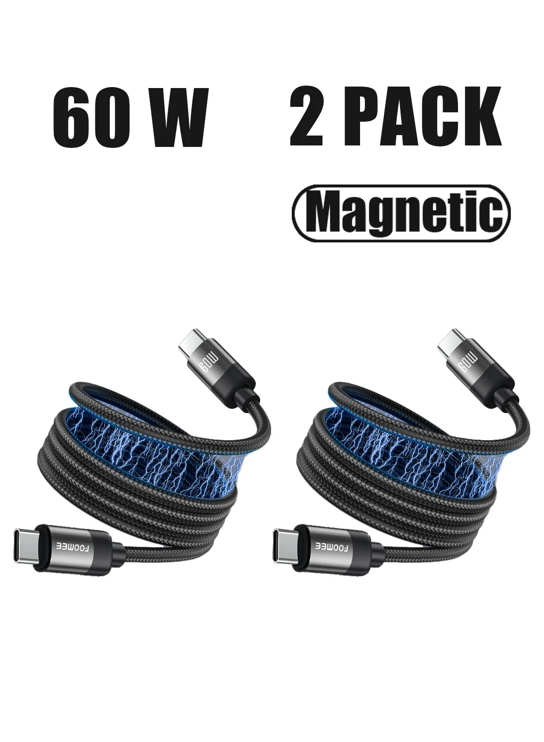 FOOMEE Magnetic USB-C Charging Cable 60W Fast Sync Nylon Braided Cord (2 Pack, 100 cm) syxqf