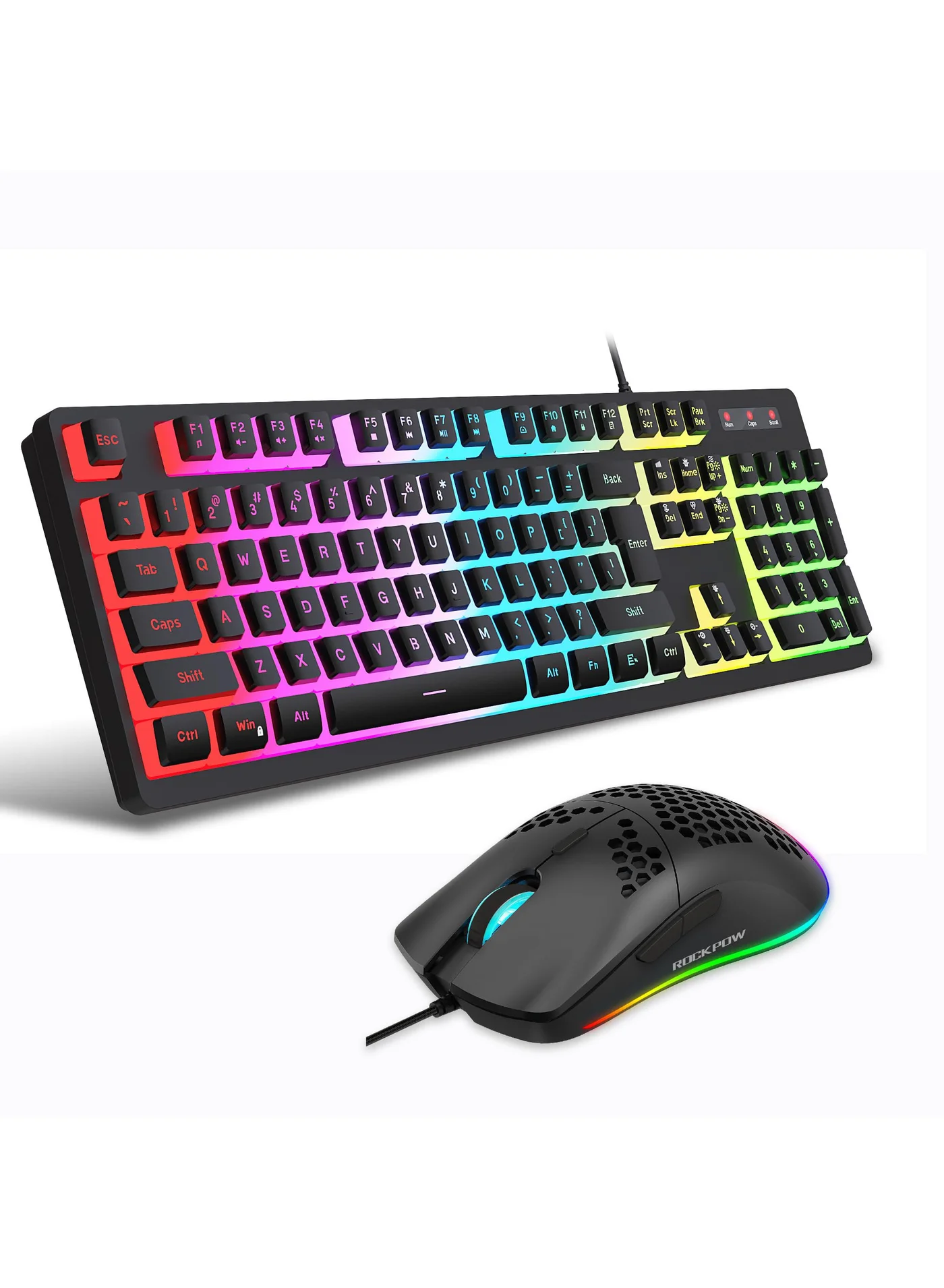 Rock Pow Wired Gaming Keyboard and Mouse Combo RGB Backlit Mechanical Feel Ergonomic 104 Keys Set (Black) n0a53