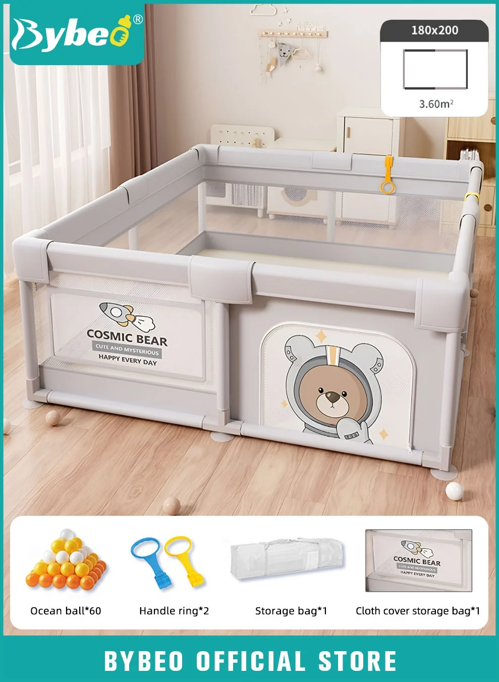 Bybeo Baby Playpen Fence, Portable Activity Center for Toddlers, Sturdy Safety Play Area with 60 Marine Balls and Storage Bag (180x200cm) m7vse