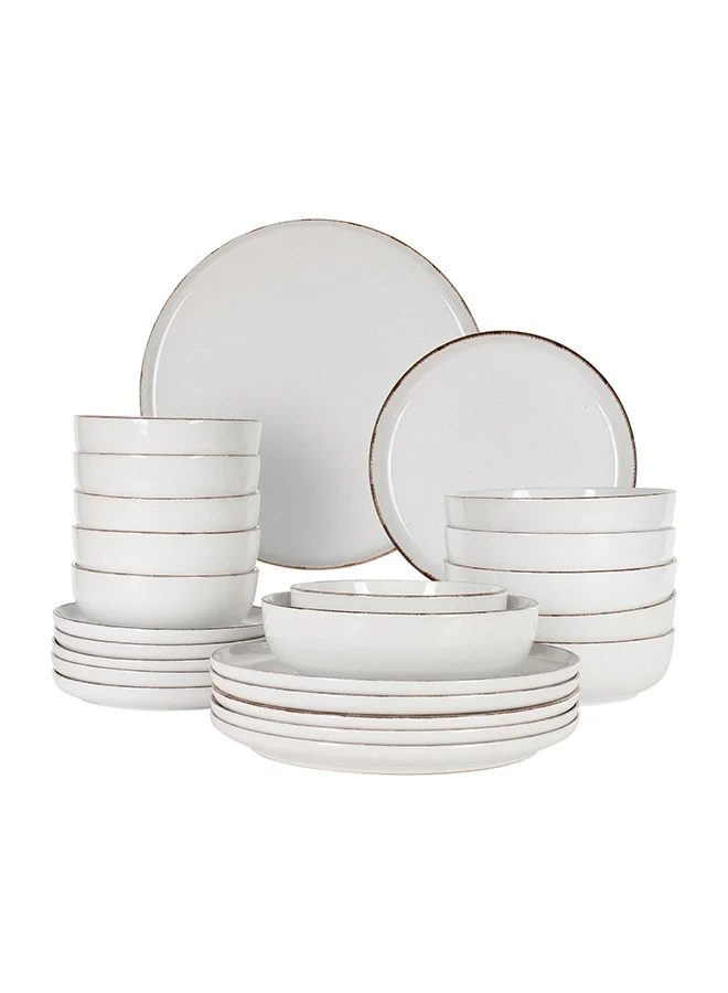 Noon East Stoneware Dinnerware Set (24-Piece, Service for 6) Microwave & Dishwasher Safe White with Brown Rim r0ovy