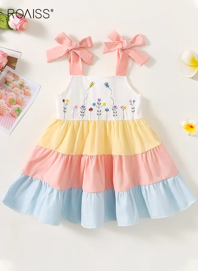 Roaiss Girls Floral Embroidered Spaghetti Strap Dress Sleeveless Tiered Sundress for Daily Wear (Pink, 120cm) v2c07