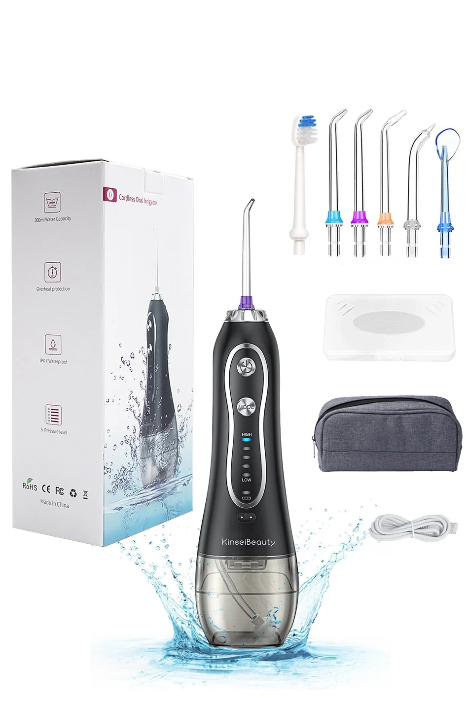 KinseiBeauty Portable Water Dental Flosser with 5 Modes and 6 Replaceable Heads (300 mL) fawy0