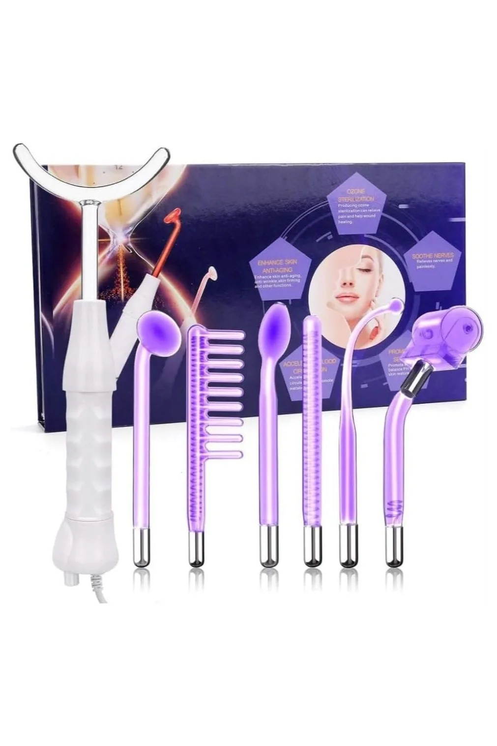 SD 7-in-1 Portable High Frequency Facial Wand Set for Skin Rejuvenation and Hair Care (Professional Grade, 7 Glass Electrodes) d1y0d