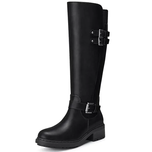 SHIBEVER Women Knee High Boots Round Toe Side Zipper Motorcycle Riding Boots Low Block Heel (Black, Size 39) dut84