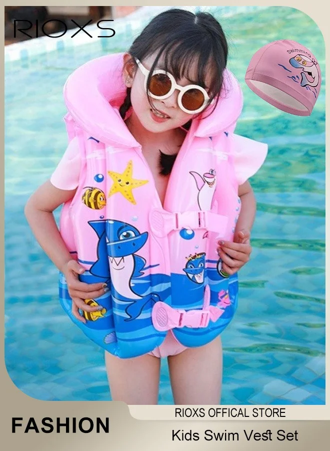 RIOXS Kids Swimming Set Inflatable Buoyancy Vest and Swim Cap (Pink, 2-9 Years) j99kc