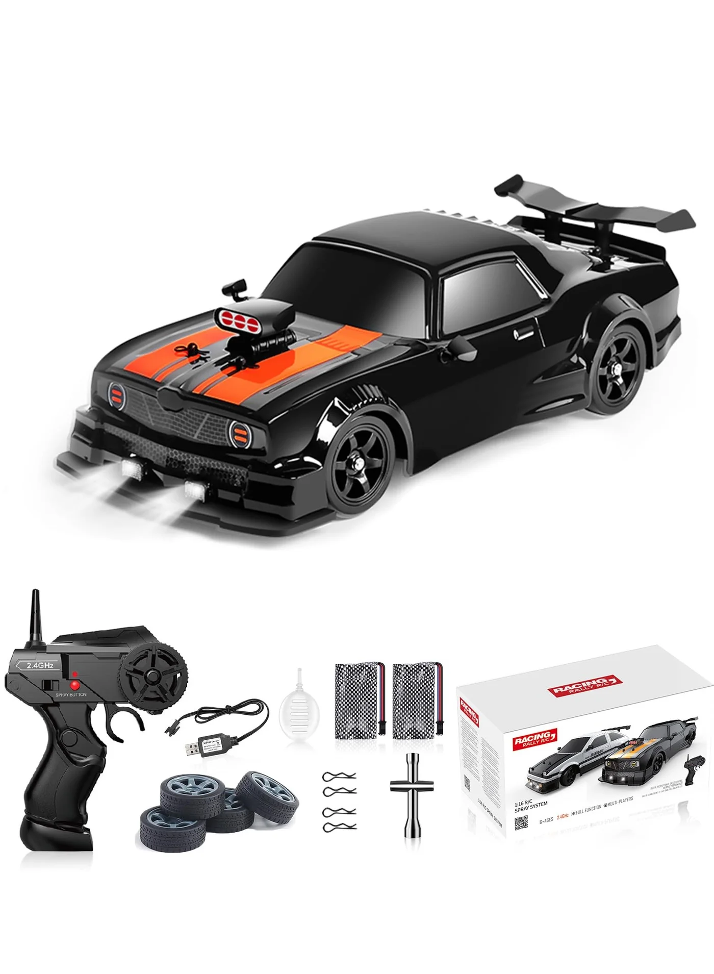 XICEN Remote Control Drift Car 4WD High Speed Racing Vehicle with LED Lights and Spray (1:16 Scale, 2 Rechargeable Batteries) 4dm7b