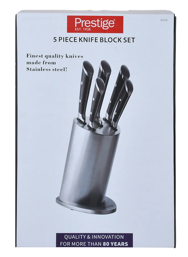Prestige 5-Piece Knife Block Set Stainless Steel Professional Kitchen Cutlery (Silver/Black, 5-Piece) at0nh