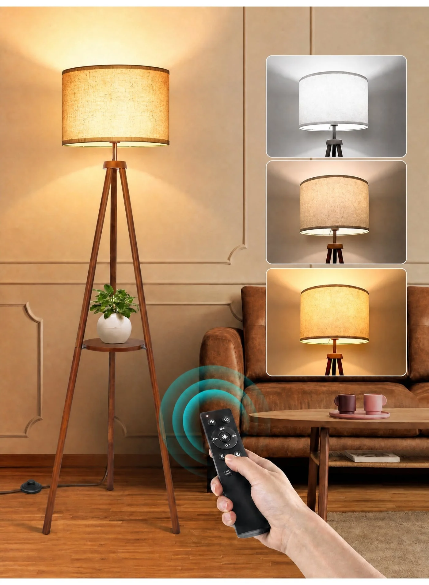 OUTON Solid Wooden Tripod Floor Lamp with Storage Shelf and Linen Shade, Dimmable Standing Lamp with Remote Control and 4 Color Temperatures (160 cm) h32nx