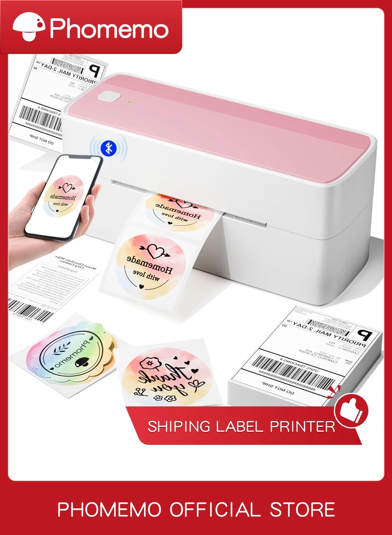 Thermal Label Printer Wireless Bluetooth Shipping Label Maker for Small Business (White and Pink, 10 Sheets 10cm x 15cm) e3fao