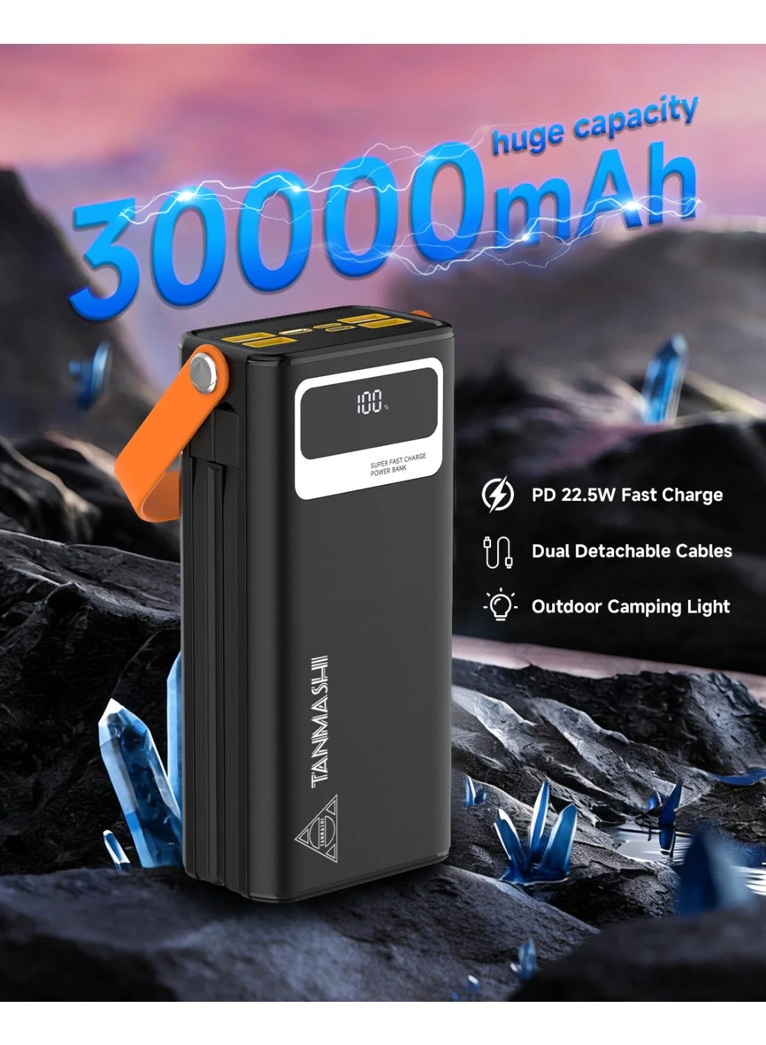 TANMASHI 30000mAh Portable Power Bank PD 22.5W Fast Charging with 2 Built-in Cables (Black, 30000mAh) df87h