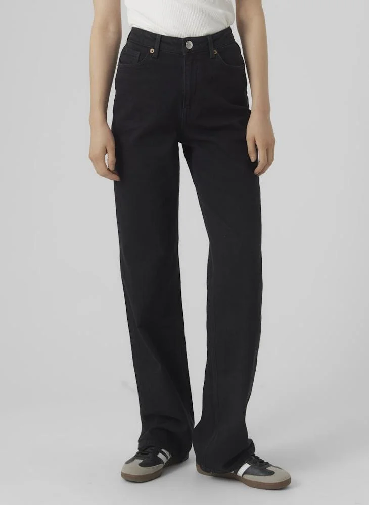 VERO MODA Casual High Rise Wide Leg Jeans Premium Denim Trousers for Women (Blue, Medium) wrc4c
