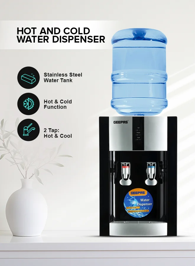 Geepas Hot and Cold Tabletop Water Dispenser (Black, Compact Desktop Design) cfiv0