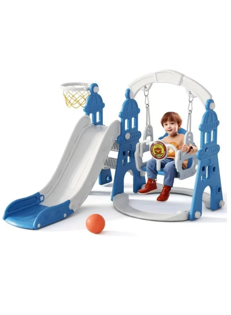 WALALLA 4-in-1 Toddler Slide and Swing Set with Basketball Hoop and Ball, Indoor and Outdoor Playground Activity Center for Kids (Blue) eomu6