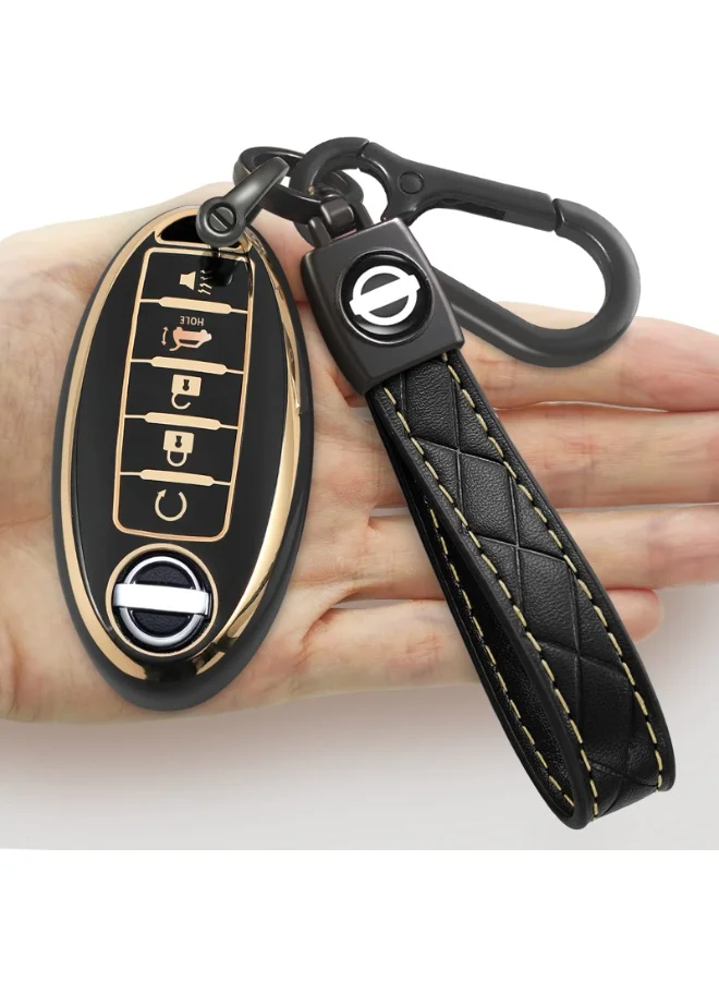 Premium Soft TPU Key Fob Cover Case with Keychain for 5-Button Vehicle Remotes (Black) 6y009