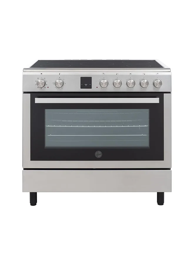 Hoover 90x60cm Ceramic Cooker, 5 Cooking Zones, Fully Electric Multifunction Oven & Grill, Stainless Steel Finish (Silver, 90x60cm) o882p