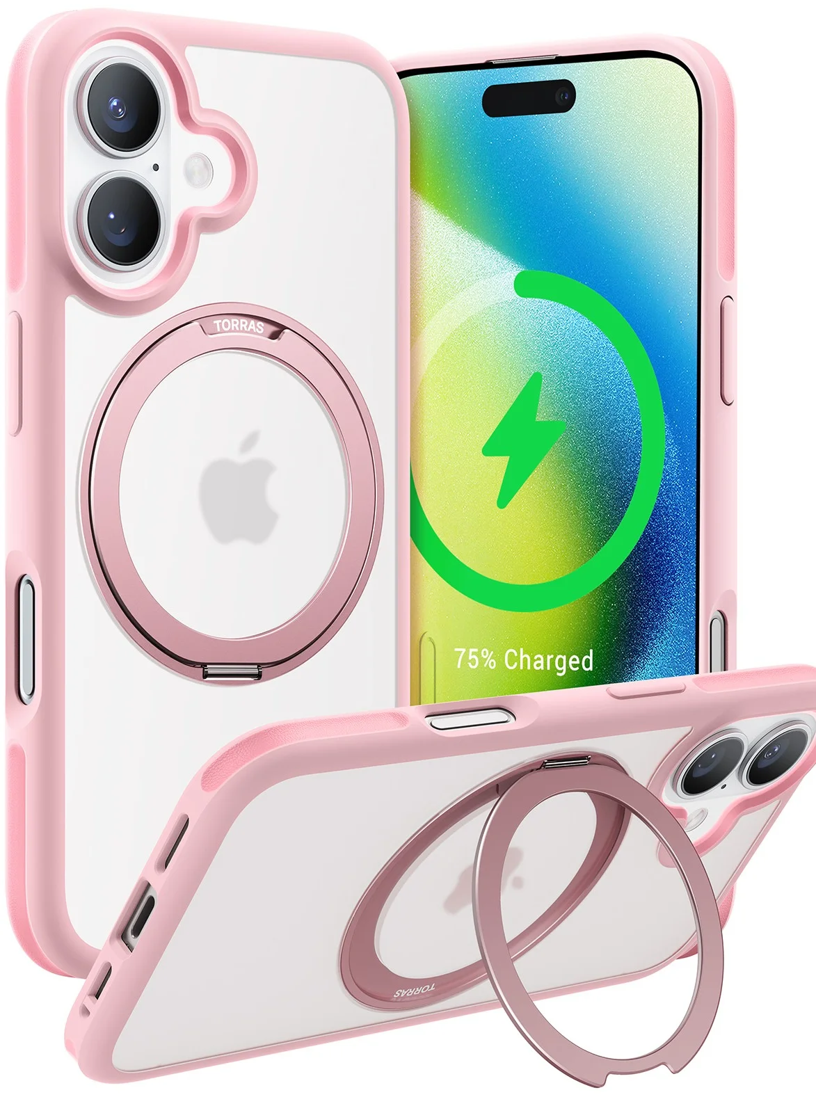 Premium Magnetic Protective Case with 360¡ã Rotatable Ring Stand for 16 Plus, Shockproof Translucent Cover (Pink) vs5q0